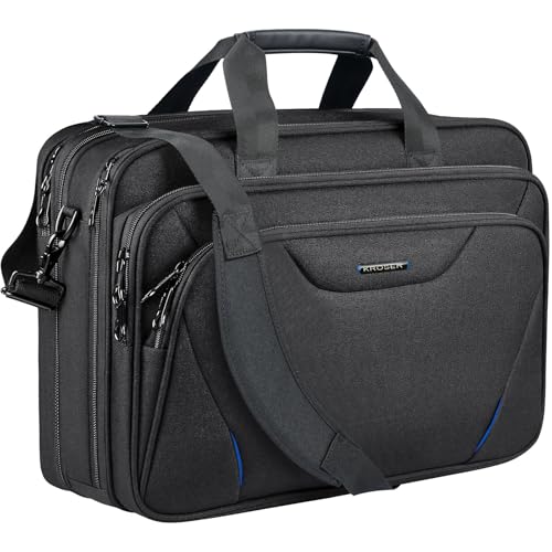 KROSER 17.3 Inch Laptop Computer Briefcase, Water-Repellent Messenger Bag | Expandable design, padded laptop compartment,shoulder strap and luggage strap for business, travel, men and women-Black/Blue - color: Black/Blue