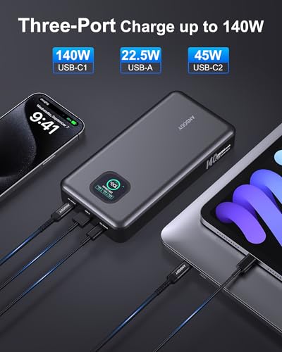 140W Power Bank, 25000mAh Laptop Portable Charger with Smart Digital Display, PD3.1 Fast Charging Battery Pack for MacBook Dell XPS iPad Tablet Steam Deck iPhone 17-12 Series Samsung Switch and More - color: Dark Gray