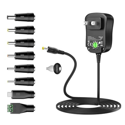 12W Universal AC Adapter Kit DC 3V-12V 1A DC Power Supply Charger Cord | Basicvolt Multi-volts Adjustable 3V 4.5V 5V 6V 7.5V 9V 12V Power Adapter, for LED Strip Light CCTV Camera Speaker Router - size: 12W 3-12V