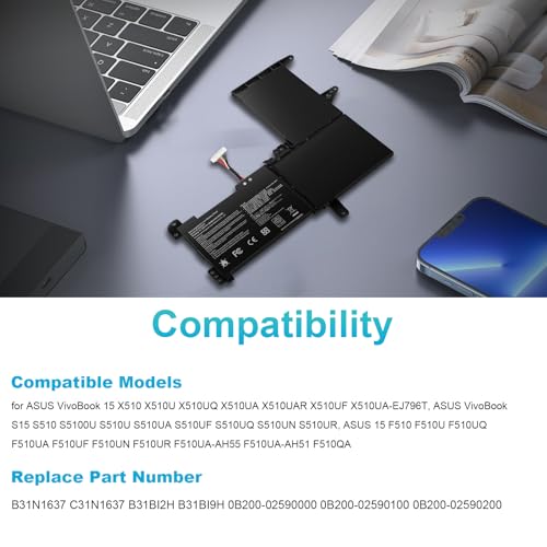 ASUNCELL B31N1637 C31N1637 Laptop Battery Replacement for ASUS VivoBook X510 X510U X510UQ X510UA X510UAR X510UF S15 S510U S510UF S510UQ S510UN S510UR S510UA F510 F510U F510UA F510QA B31B12H B31BI9H - size: B31N1637 8.94 × 4.96 × 0.71 in