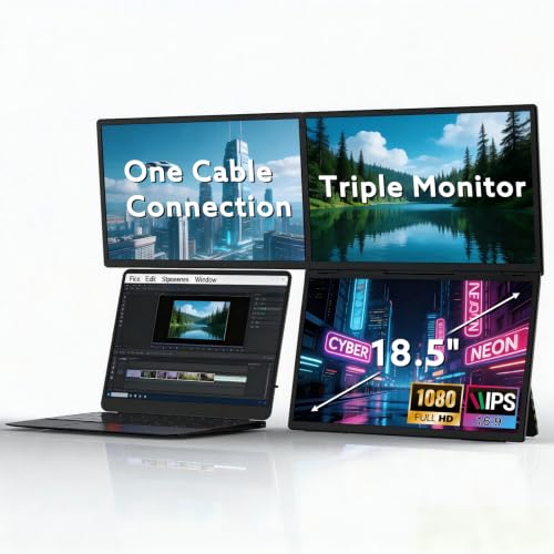 18.5'' Portable Triple Monitor, One Cable Connection Laptop Screen Extender, Quad Monitor Setup, Built-in Stand Compatible with Windows Mac Laptop(Driver Need)