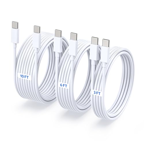 TZBAY USB-C to USB-C Fast Charging Cable 3-Pack (60W 3ft/6ft/10ft) – High-Speed Type-C Power Cord, Compatible with iPhone 17,16,15 & for Samsung Galaxy S26, S25, S24, S23 - color: White 3ft-6ft-10ft