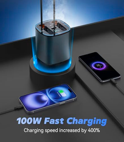 120W 4-in-1 Fast Car Charger - Retractable Cable Station with Digital Display, 100W Type-C & Lightning Coils, Universal for All 12V-24V Cigarette Lighter Vehicles