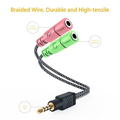 Headphone Mic Splitter 2 Pack 3.5mm Headset Adapter for Computer | 2-TRS Female to TRRS Male CTIA Stereo Audio Mic Jack Y Splitter for Dual-Plug Game Headset to Xbox, PS4, Phone, Laptop, PC - size: 2 Pack / 0.6 Feet