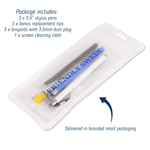 The Friendly Swede Stylus Pen for Touchscreen with Replaceable Thin Tips | 3 Spare Rubber Tips, 3 Elastic Lanyards, Microfiber Cleaning Cloth, 3-Pack 5.5" High Precision Stylus Pen, Black/Blue/White - color: Black/Blue/White