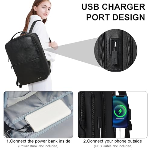 Vegan Leather Laptop Backpack for Women and Men Fits 16 Inch Laptop | Water Resistant,28L Expandable Computer Backpack Purse,USB Charging Port,Travel Work Business College Teacher Nurse - color: Two-toned Black