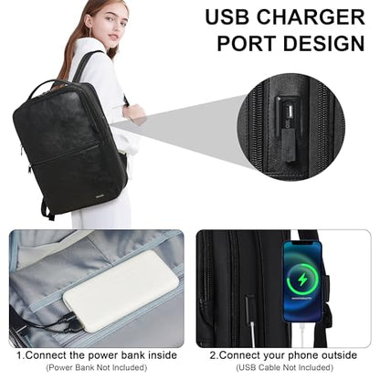 Vegan Leather Laptop Backpack for Women and Men Fits 16 Inch Laptop | Water Resistant,28L Expandable Computer Backpack Purse,USB Charging Port,Travel Work Business College Teacher Nurse - color: Two-toned Black