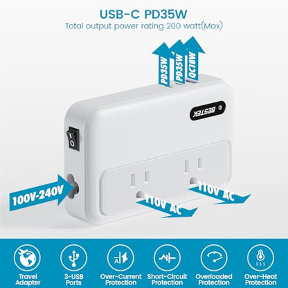 BESTEK 220V to 110V Converter with USB-C 35W, US to Europe Power Converter | with AU/EU/UK/India/South Africa Plug Adapter - color: Pearl White