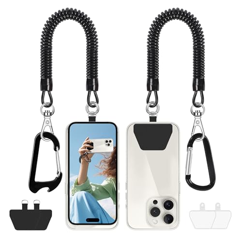 Doormoon Phone Lanyard Tether with 4 Patch, Cell Phone Lanyard with 2* Phone Tether, 4* Patch, Carabiner*1, Bottle Opener Carabiner*1 for Outdoor Hiking Climbing, Black*2 - color: Black Tether*2;patch*4;carabiner*2