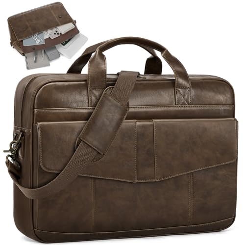 RAINSMORE Mens Messenger Bag, 16" Laptop Bag for Men PU Leather Briefcase | Waterproof Computer Bag Vintage Crossbody Thickened Protection Satchel Bag Work College Business Shoulder Bags - color: Dark Brown