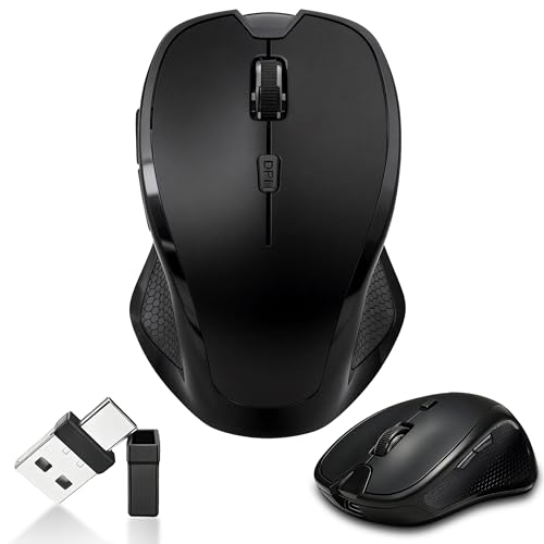 Wireless Bluetooth Mouse for Mac & iPad, Ergonomic Rechargeable Mouse with Built-in Jiggler Mode, Dual USB-C & USB-A Receiver, Quiet Optical Mouse for Laptop, Desktop & Tablet – Black - color: Black