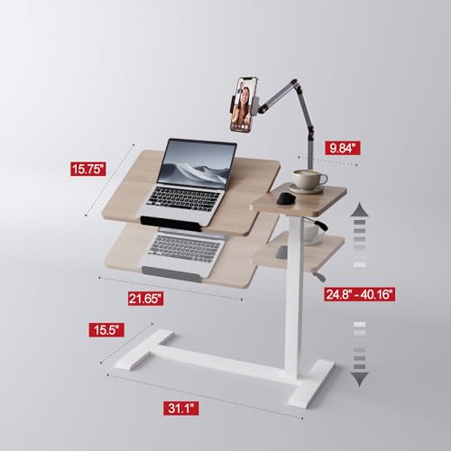 Adjustable Overbed Bedside Table with Wheels Pneumatic Mobile Standing Laptop Desk Rolling Computer Cart Movable Couch Desk Hospital Bed Table, Natural Wood - color: Natural Wood