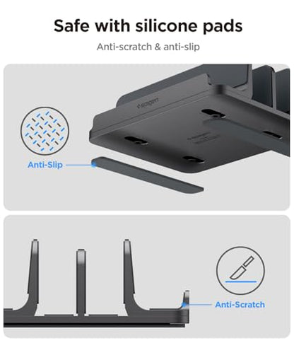 Spigen Vertical Laptop Stand Holder for Desk | with Adjustable Dock, 4 Slots Total for All MacBook 11"-16"/HP/Dell/Surface/Samsung/LG/Chrome Book - Space Gray