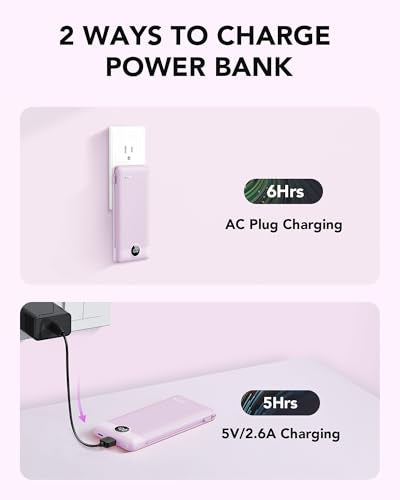 VRURC Portable Charger, Power Bank Built-in Cables and AC Wall Plug | USB C Power Bank 10000mAh Travel Essentials Phone Charger Compact External Battery Pack For Smart Phones, Tablets etc-Purple - color: Purple