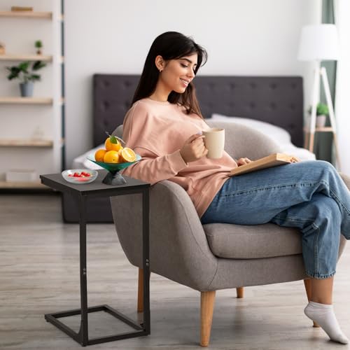 PayLessHere C Shaped End Table with Adjustable Feet,Small Side Table for Couch,Sofa Table with Metal Frame for Living Room,Bedroom,Bedside,Black - color: Black