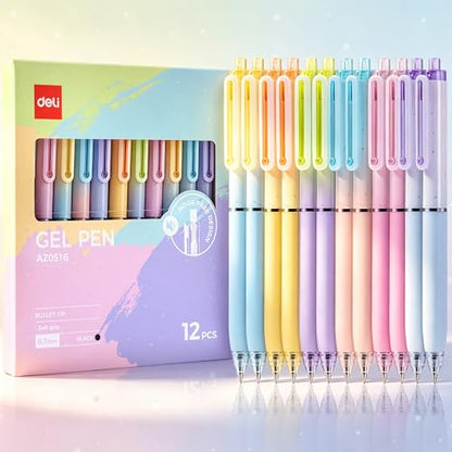 deli Gel Pens, 12 Pcs Retractable Pens Black Ink, 0.7mm Medium Point Pen | Silent Click, Smooth Writing with Aesthetic Gradient Color for Journaling Note Taking - size: 12 PCS