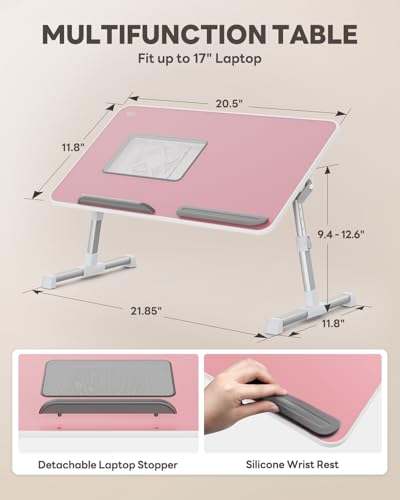 Laptop Desk for Bed with Cooling Fan, SAIJI Height & Angle Adjustable Laptop Stand for Bed, Lap Desk Tray Table, Lightweight Foldable Portable Computer Table - color: Pink
