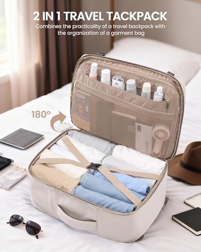 LOVEVOOK 50L Travel Backpack for Women Men with Garment Bag, Airline Approved Carry on Luggage Travel Essentials with 3 Packing Cubes, TSA Overnight Bags Weekender Essentials Backpacks fits 17" Laptop - color: Gray Pink-coffee, size: 50L-4Pcs