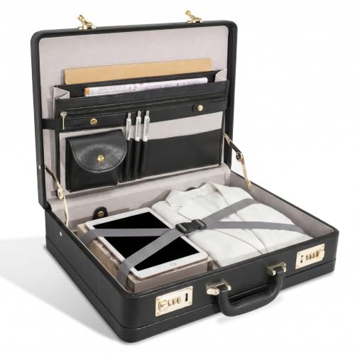 Briefcases for Men,Combo Lock & 16in Laptop Compartmen,Expandable Space,Multi File Organizer, WP Leather，Perfect for Office, Travel【Black】 - color: D-black