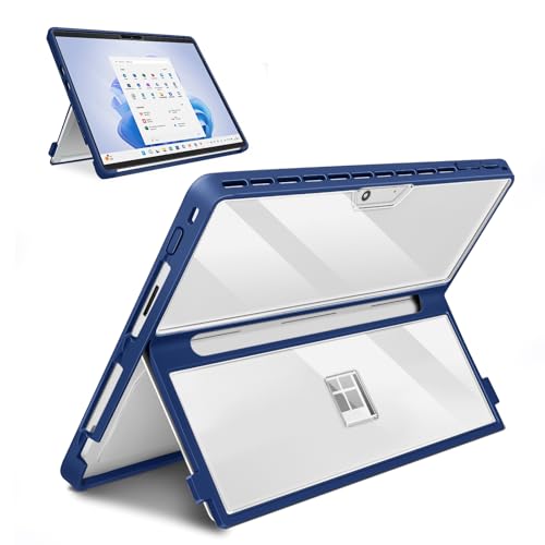 Case Updated Version fit Microsoft Surface Pro 11/10 /9/8 13-Inch, All-in-one Rugged Case Compatible with Type Cover Keyboards, Transparent&Navy Blue - color: Transparent&Navy Blue
