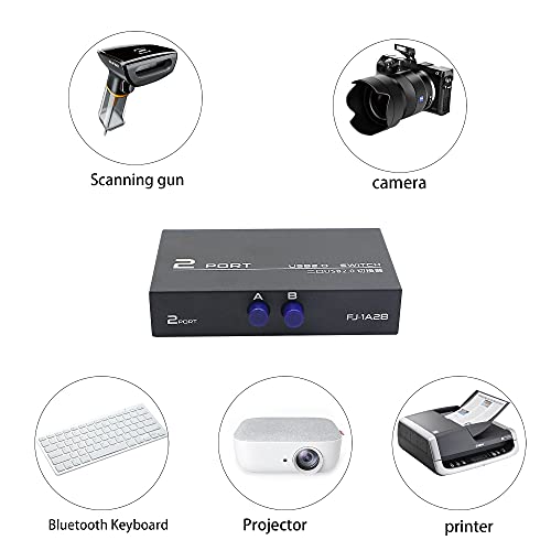 QIANRENON Printer Sharing Adapter, 2-Port USB 2.0 Switch for Sharing USB Devices Between 2 Computers, Includes 2 Pack USB 2.0 Male Cable