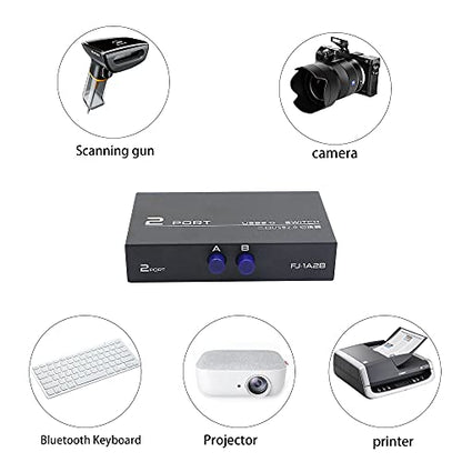 QIANRENON Printer Sharing Adapter, 2-Port USB 2.0 Switch for Sharing USB Devices Between 2 Computers, Includes 2 Pack USB 2.0 Male Cable