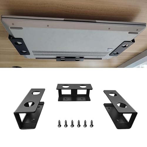 Under Desk Laptop Mount, 3Pcs Metal Laptop Holder for Desk | with Anti-Scratch Silicone Pad, Supports 1.2" Thick Devices (Black)