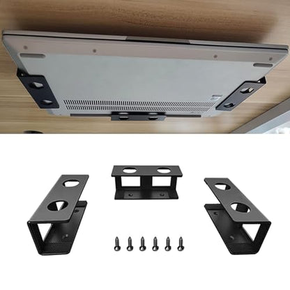 Under Desk Laptop Mount, 3Pcs Metal Laptop Holder for Desk | with Anti-Scratch Silicone Pad, Supports 1.2" Thick Devices (Black)