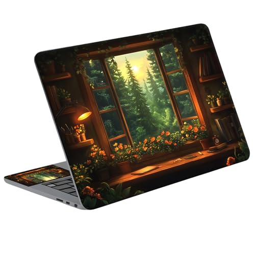Universal Laptop Skin Sticker Decal with 2 Wrist Pad Skins, Waterproof Scratch Vinyl Cover for 11–15.6 Inch MacBook, HP, Dell, Lenovo, Cutable & Reusable,Cozy Forest Window - color: Cozy Forest Window