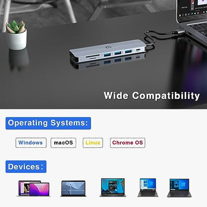 USB C Hub Multiport Adapter, 7 in 1 USB C Docking Station with 4K HDMI, 100W PD Charging Port, 3 USB 3.0, SD/TF Card Reader