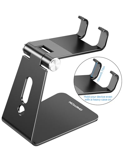 OMOTON C2 Adjustable Aluminum Cell Phone Stand with Charging Cutout, Black | Sturdy 3mm Aluminum, Charging Port, 270° Adjustable, Non-Slip Silicone Pads, Works with Thick Cases, for All Smartphones - color: Black