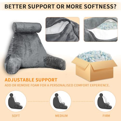 Reading Pillow for Adults Sitting‑Up in Bed, Backrest with Arms | Detachable Neck‑Cushion; Shredded Memory‑Foam; Side Pockets; Washable Velvet Cover; Gaming & TV, Sofa Use - color: Dark Grey