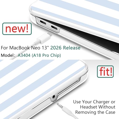 for MacBook Neo 13 Inch Case 2026 (Model A3404, A18 Pro chip), Stylish Pattern Protective Hard Shell with Screen Protector, Keyboard Cover & USB-C Adapter - Blue & White Stripes - color: Blue White Stripes