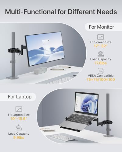 monTEK 2-in-1 Universal Laptop Pole Mount Tray for 10”- 15.6” Notebook or 17”-32” Monitor, Full Motion Laptop Mount with Removable 75/100mm VESA Plate, Fits 1.1”-2.4” Pole Diameter, Black - size: for Laptop