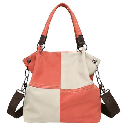 Women's Canvas Color Block Tote Bag Convertible Crossbody Hobo Handbag Lightweight Shoulder Bag for Daily Travel Work - color: Red