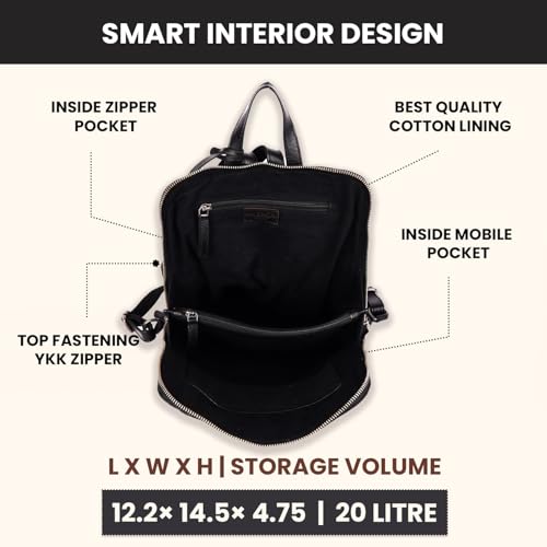 12.5 Inch Genuine Leather Backpack for Women & Men | Black Leather Backpack with Adjustable Shoulder Strap, Small Bookbag Purse with YKK Zippers, Zipper & Mobile Pocket Storage - color: Black