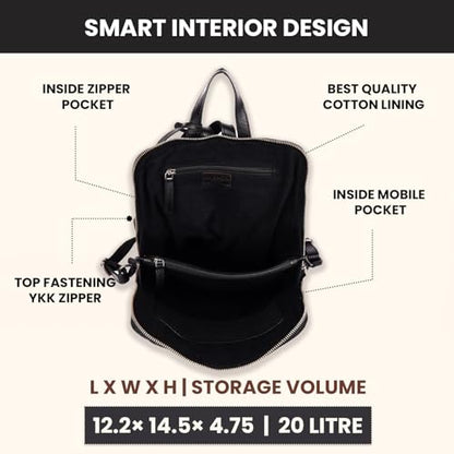 12.5 Inch Genuine Leather Backpack for Women & Men | Black Leather Backpack with Adjustable Shoulder Strap, Small Bookbag Purse with YKK Zippers, Zipper & Mobile Pocket Storage - color: Black