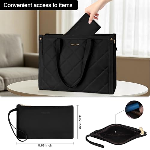 MOSISO Laptop Tote Bag for Women, 15.6 inch PU Leather Work Bag | Rhombus Quilted Tote Bag with Cup Holder & Clutch Purse, Large Capacity Teacher Computer Briefcase for Business Office, Black