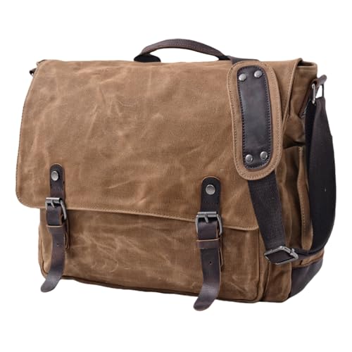 [Upgraded] Vintage Messenger Bag, 15.6 Inch Laptop Crossbody Shoulder Bags, Heavy Water-resistant Canvas Satchel for Men - color: Brown