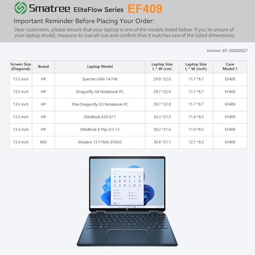 Smatree EliteFlow Laptop Case for 13.3 inch HP EliteBook 8 Flip G1i 13 | for 13.5 inch HP Spectre x360 14/14t,for Dragonfly G4/Elite Dragonfly G3,for HP EliteBook 630 G11(EF409) - size: 2.07| for HP 13.5" Spectre/Elite/Dragonfly(EF409)