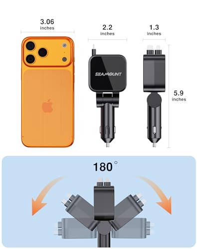 Seamount 4-in-1 Retractable Car Charger 109.5W | PD QC 3.0 Fast USB C Adapter with Voltage Display, Compatible with iPhone 17 16 15 14, MacBook, Android