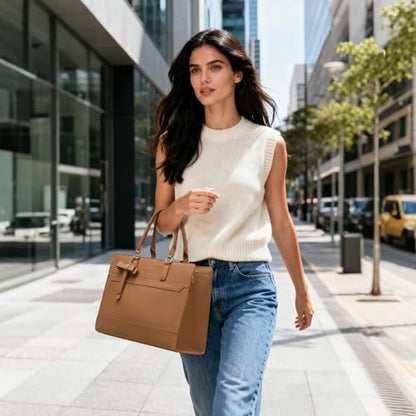 Keyli 3pcs Laptop Bag for Women 15.6 Inch Leather Work Tote Bags Professional Business Office Computer Shoulder Briefcase - color: 3pcs-brown