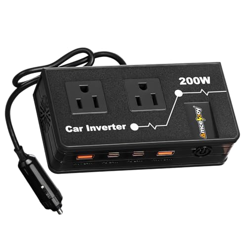 200W Car Power Inverter, Amcelooy Dual DC 12V to 110V AC Car Outlet Adapter to Wall Plug, Fast Charging 24W USB-C & USB Ports,Car Charger Cigarette Lighter Adapter for Phone,Laptop on Road Trip(Black) - color: Black