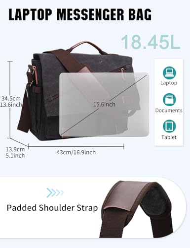Messenger Bag for Men,Water Resistant Canvas Satchel 14 15.6 17 Inch Laptop Briefcases Business Shoulder Bag by RAVUO - color: 15.6 Inch-black