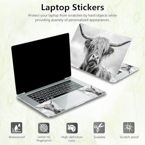 Laptop Skin Sticker Decal, Universal Reusable Vinyl Laptop Cover for 12" 13" 13.3" 14" 15" 15.4" 15.6" Notebook PC, Reusable Waterproof Scratch-Resistant with 2 Wrist Pads,Highland Art Cow - color: Highland Art Cow