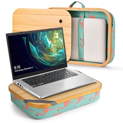Mayjoy Bamboo Laptop Lap Desk with Storage, Removable Cover, Aqua | Use laptops up to 15.6” on the bamboo top; store tablets, notebooks, mouse, cables, and pens inside. - color: Aqua