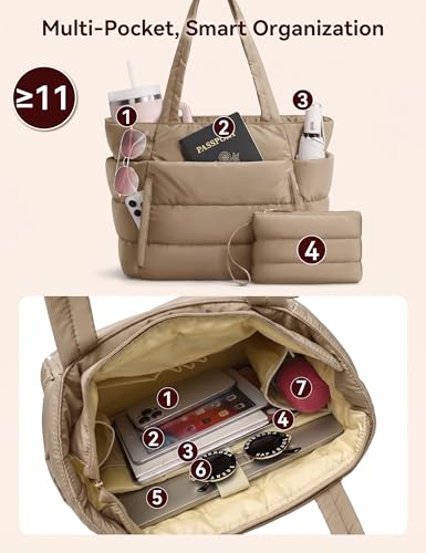 Puffer Tote Bag for Women, Nurse, Large Quilted Shoulder Bag with Cup Holder & Laptop Compartment for Work, Travel, Gym - color: Brown