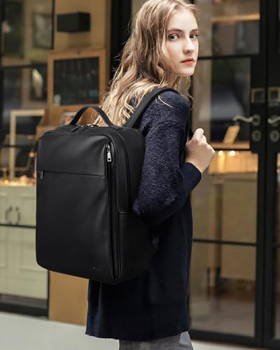MASINTOR 15.6 inch PU Leather Laptop Backpack Purse for Women | College Laptop Backpack, Spacious Main Compartment, Luggage Strap & Padded Sleeve, Ideal for Campus, Commute & Travel - color: Black