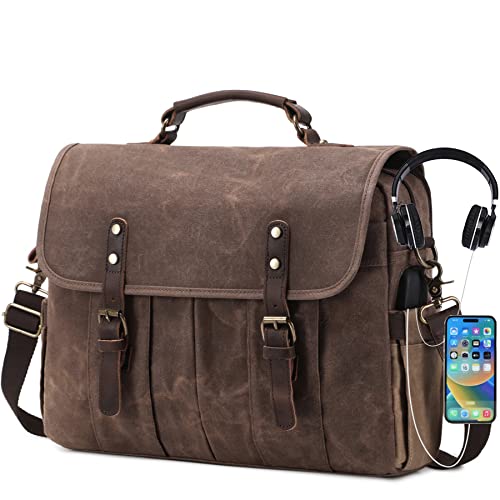 NerIion Messenger Bag for Men 15.6 Inch Vintage Canvas Genuine Leather Briefcase for Men Laptop Bag Satchel Shoulder Bag - color: Brown