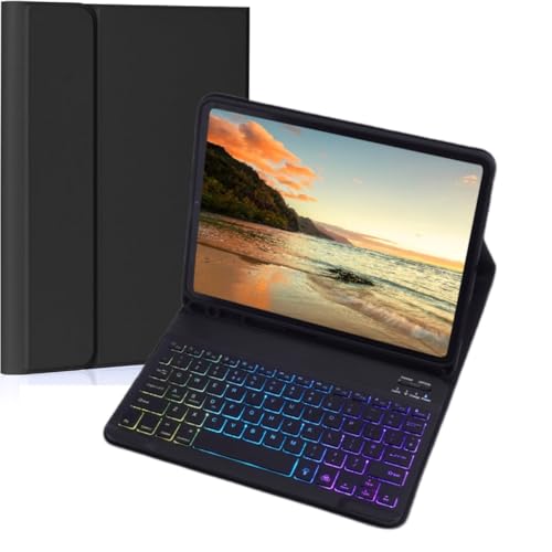 Keyboard Case for Amazon Fire HD 10/10 Plus 10.1 inch 2021/2023(11/13th Generation), Slim 7 Color Rainbow Backlight Detachable Magnetic Keyboard Cover with Pencil Holder (Black+Black) - color: Black+Black
